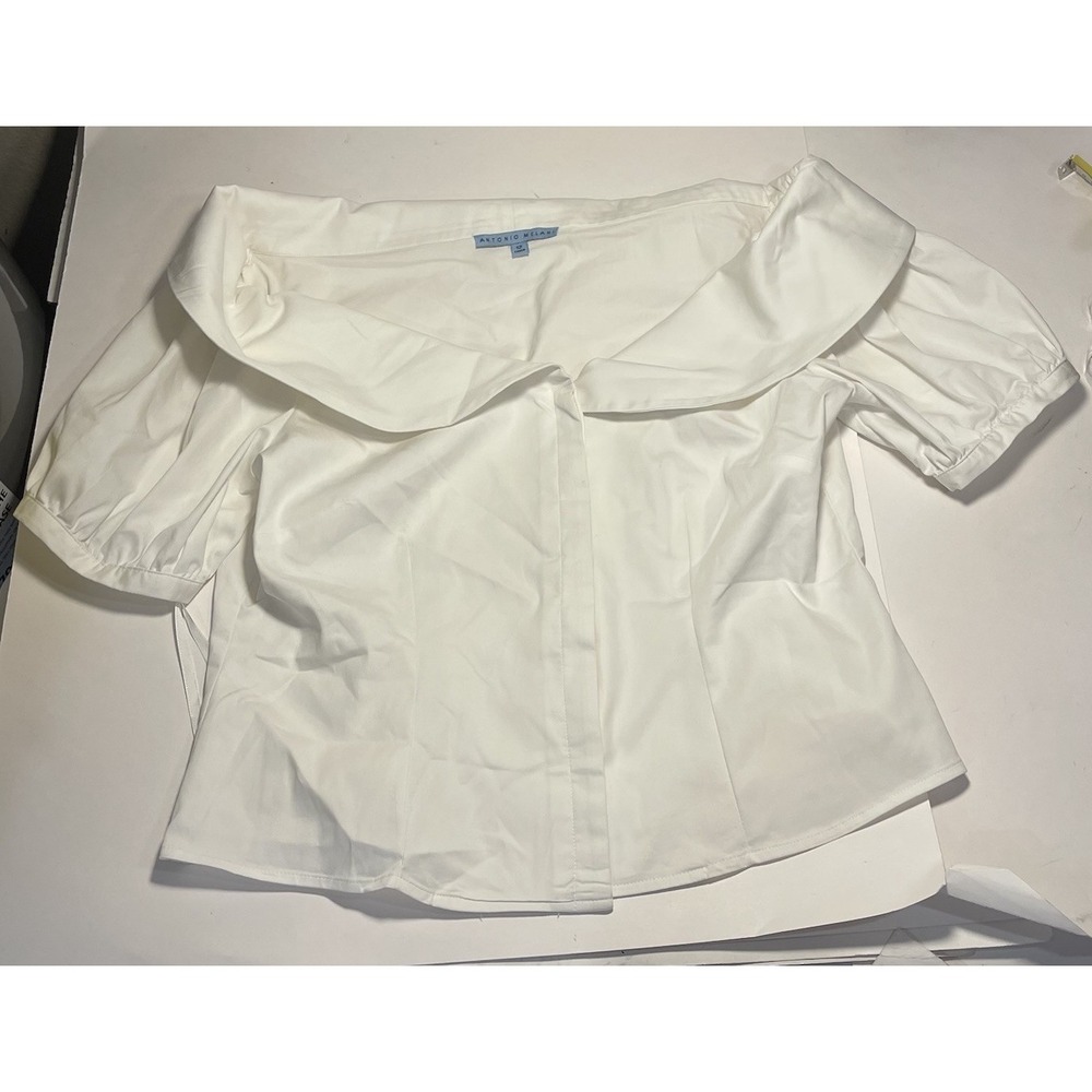 Antonio‎ Melani V-Neck Off Shoulder Puff Sleeve White 12 Button Blouse Preppy